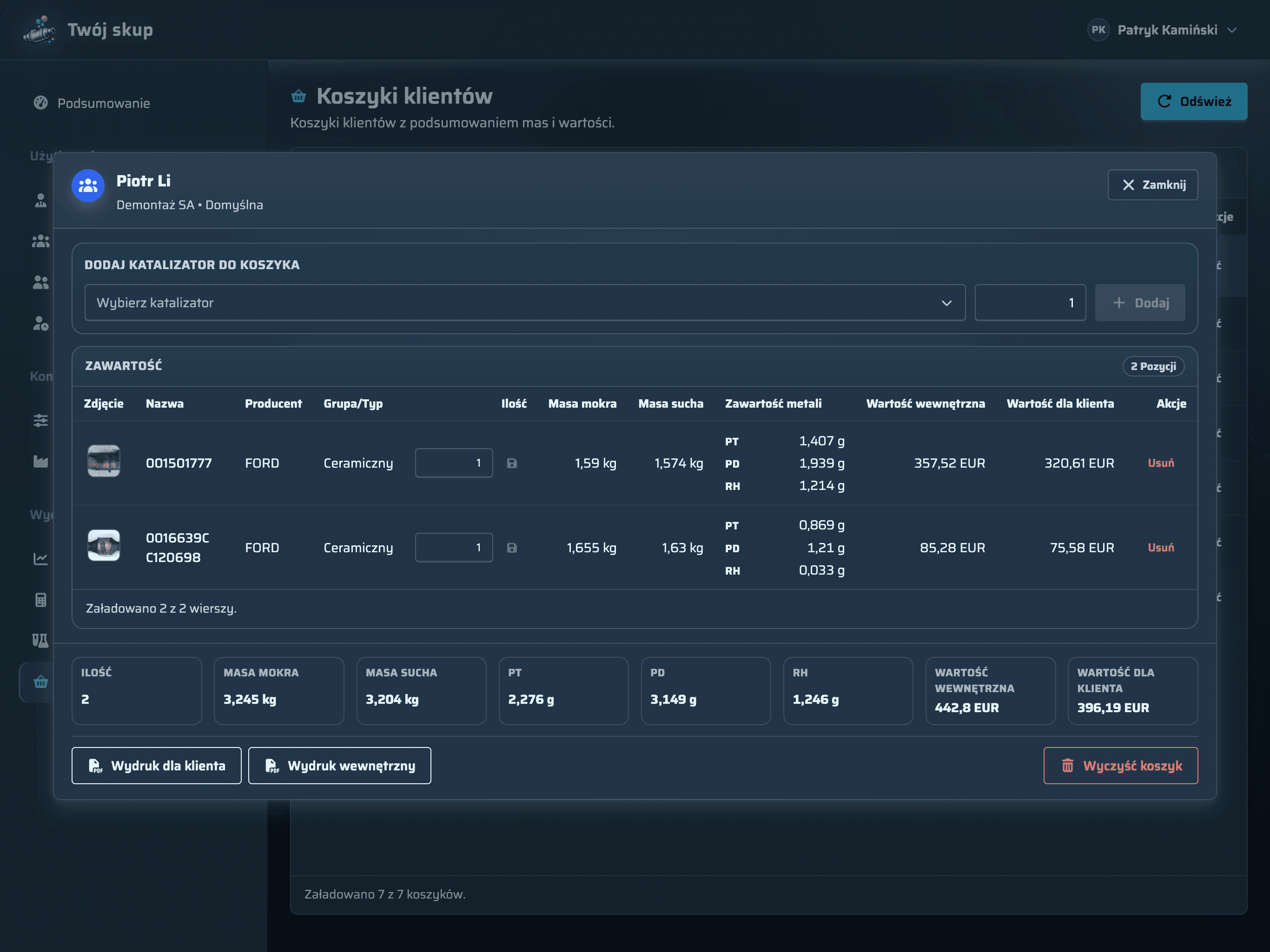 Customer basket with value summary